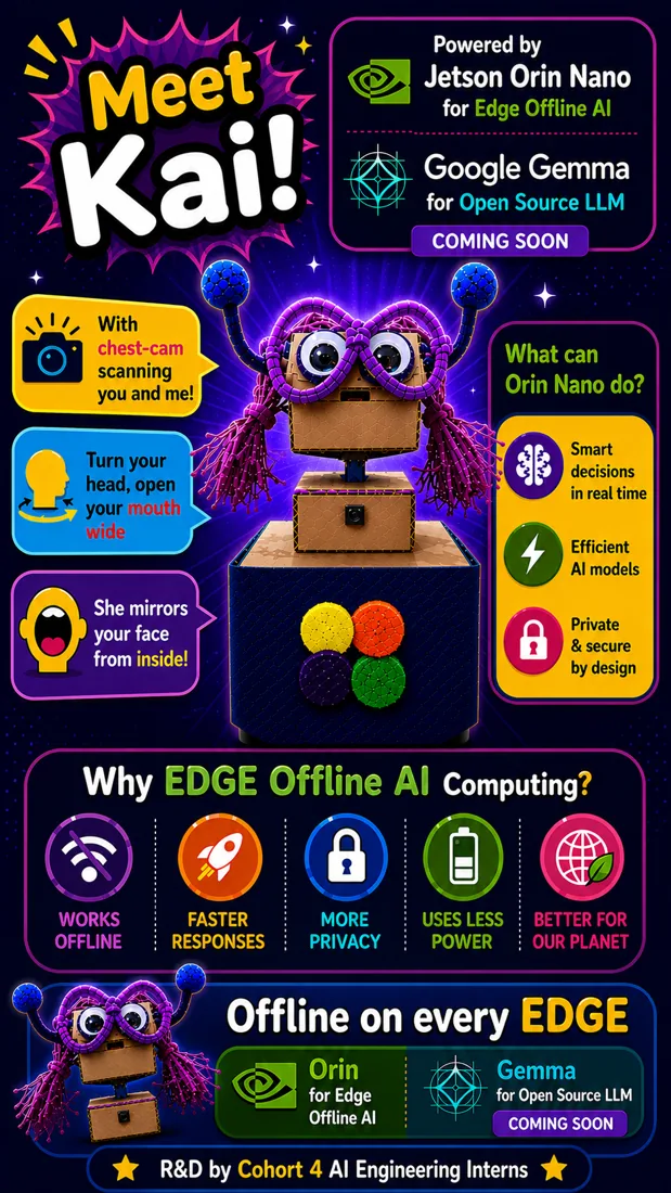 Meet Kai infographic: powered by Jetson Orin Nano for edge offline AI and Google Gemma for open-source LLM; a chest camera scans you; turn your head and open your mouth and she mirrors your face; works offline, faster, more private, uses less power