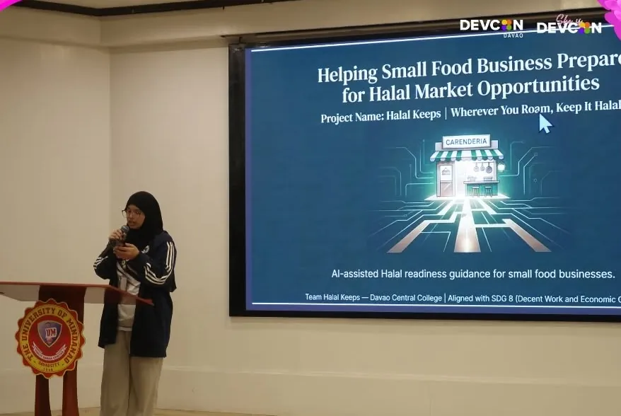 A student pitching Halal Keeps, AI-assisted halal readiness guidance for small food businesses