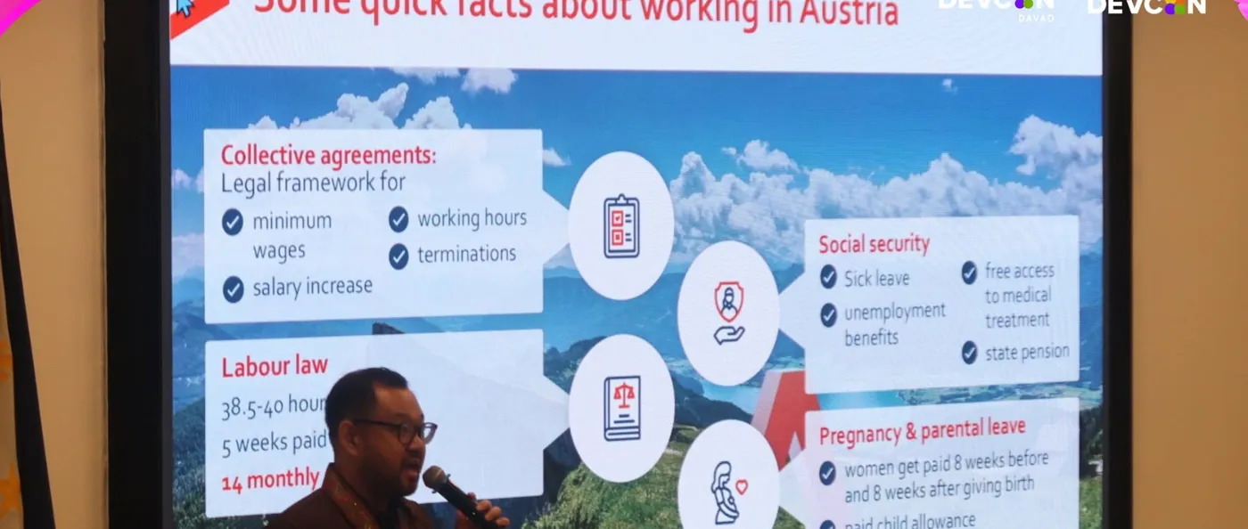 A slide of quick facts about working in Austria: collective agreements, labour law, social security, and parental leave