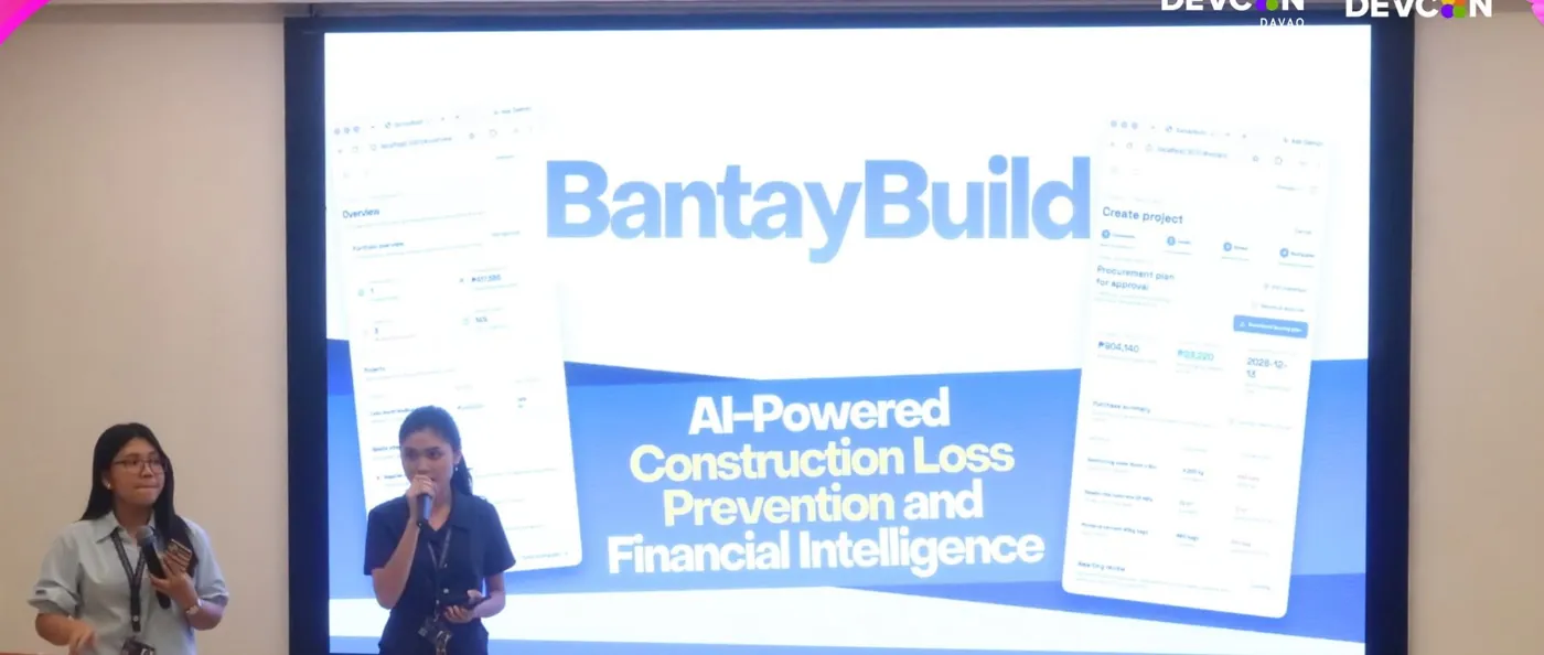 Two students pitching BantayBuild, an AI-powered construction loss prevention and financial intelligence app
